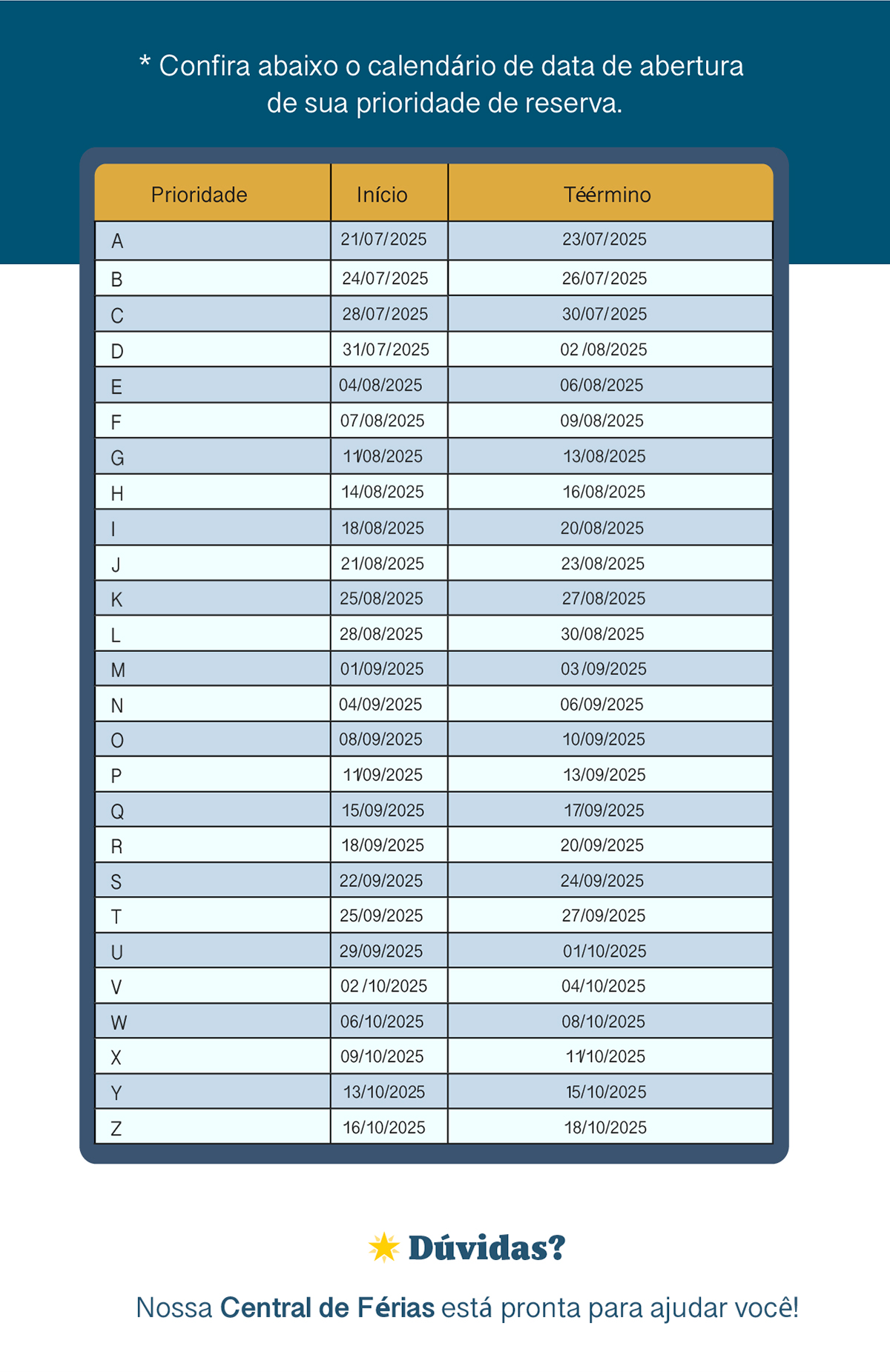 * Confira abaixo o calendário de data de abertura de sua prioridade de reserva. Dúvidas? Nossa Central de Férias está pronta para ajudar você!